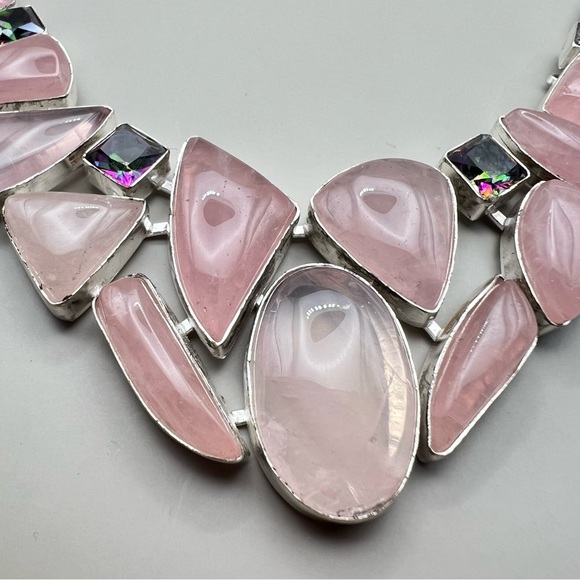 New Rose Quartz Stone w Mystic Topaz Cluster Statement Silver Overlay Necklace - Picture 13 of 13